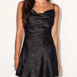 Lulus Close To Your Heart Black Satin Jacquard Cowl Slip Dress - Size M